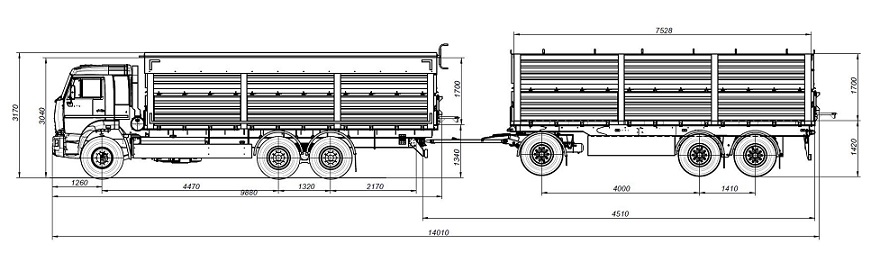 Габаритный чертеж автопоезда-зерновоза КАМАЗ 65115 (6х4)
